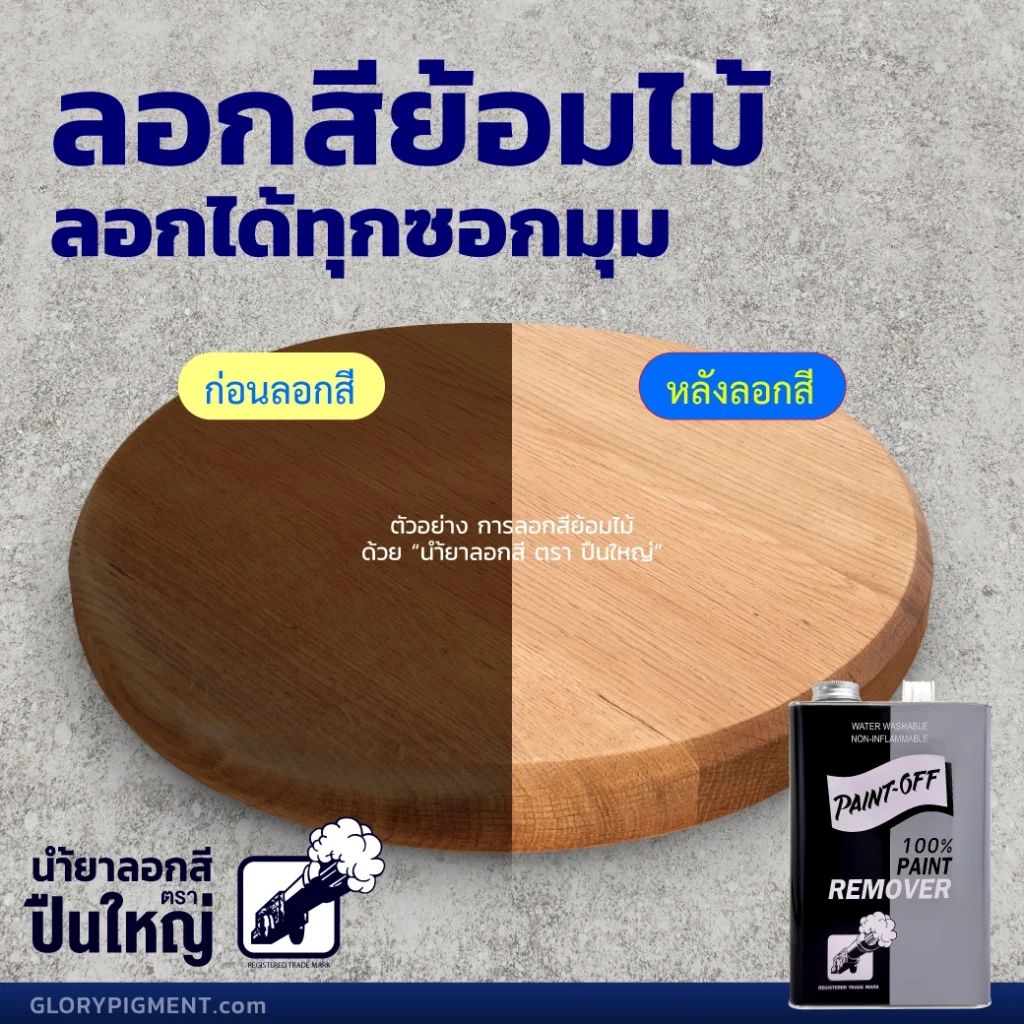 ภาพการลอกสีจริง โดยเป็นภาพเปรียบเทียบ (ก่อน-หลัง) การลอกสีวัสดุไม้ที่ถูกทาสีน้ำมันสีดำไว้ (รูปด้านซ้าย) เป็นภาพแผ่นไม้กลมสีดำก่อนลอกสี เทียบกับ (รูปด้านขวา) แผ่นไม้กลมเหมือนไม้ใหม่ไร้สีใดๆ ลงเหลือบนไม้เลยเพราะใช้น้ำยาลอกสีตราปืนใหญ่ ลอกสีออกเกลี้ยงหมดจด